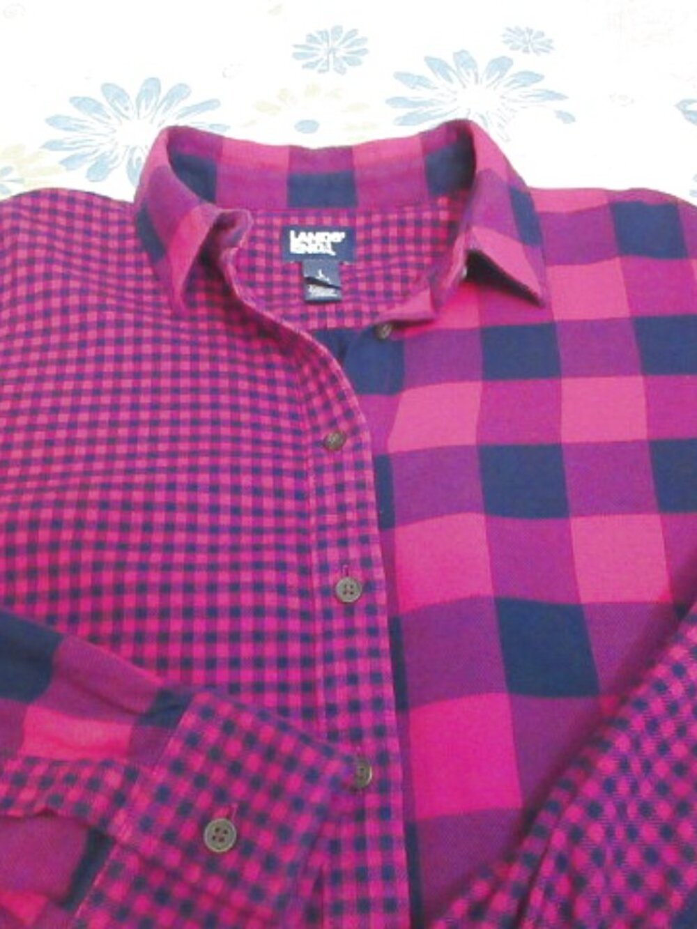Lands End Patchwork Flannel Shirt Womens L Button Up Boyfriend Pink Purple Plaid